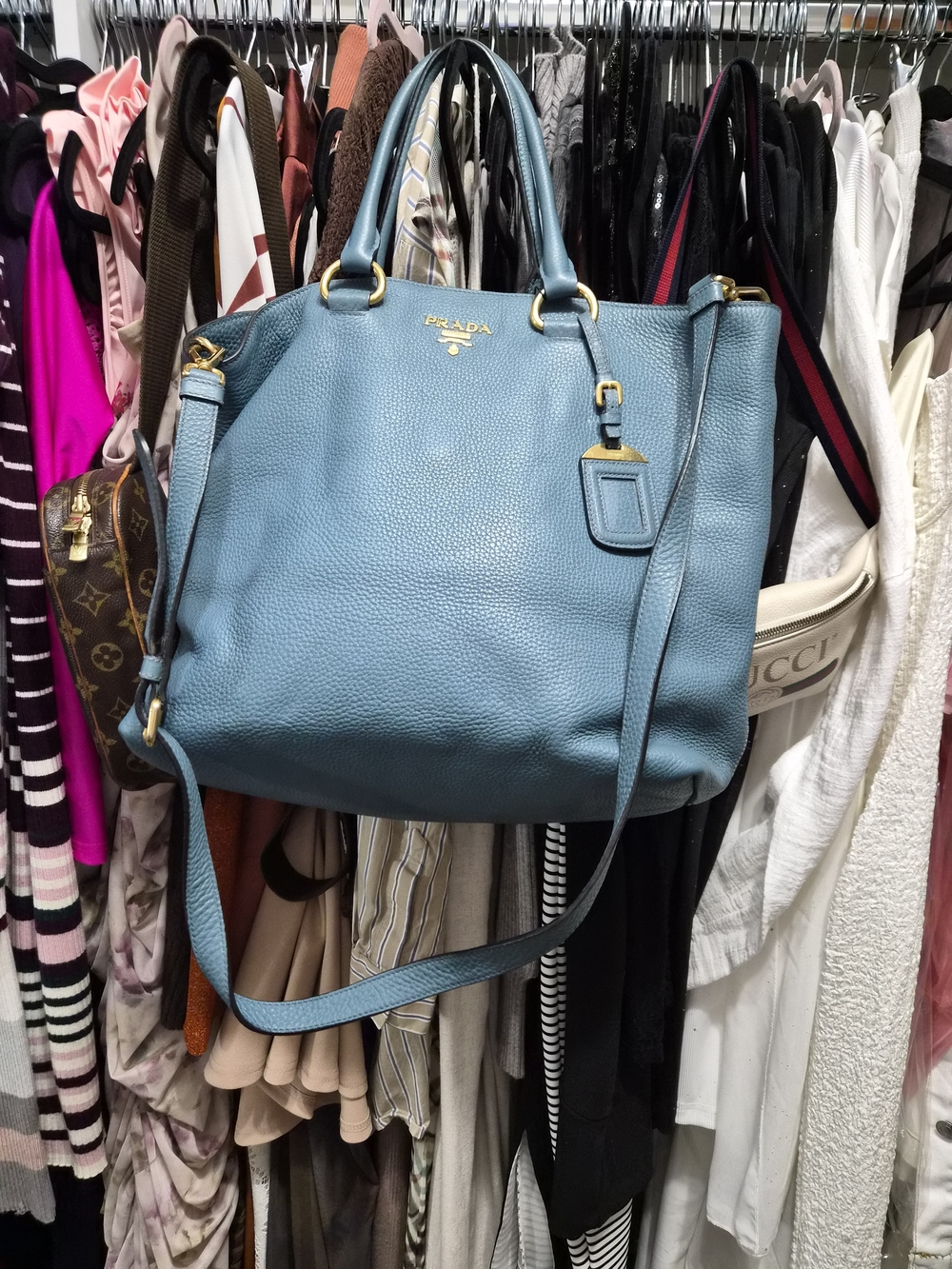 Prada Teal Blue Pebbled Leather Tote with Gold Hardware